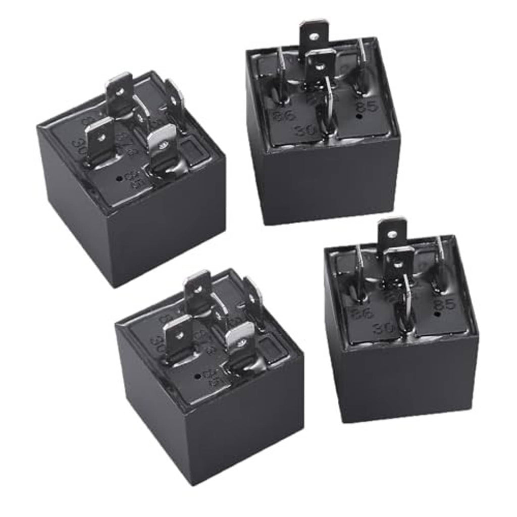 Multiple views of 12V car relay, black cube with exposed contact pins in tray