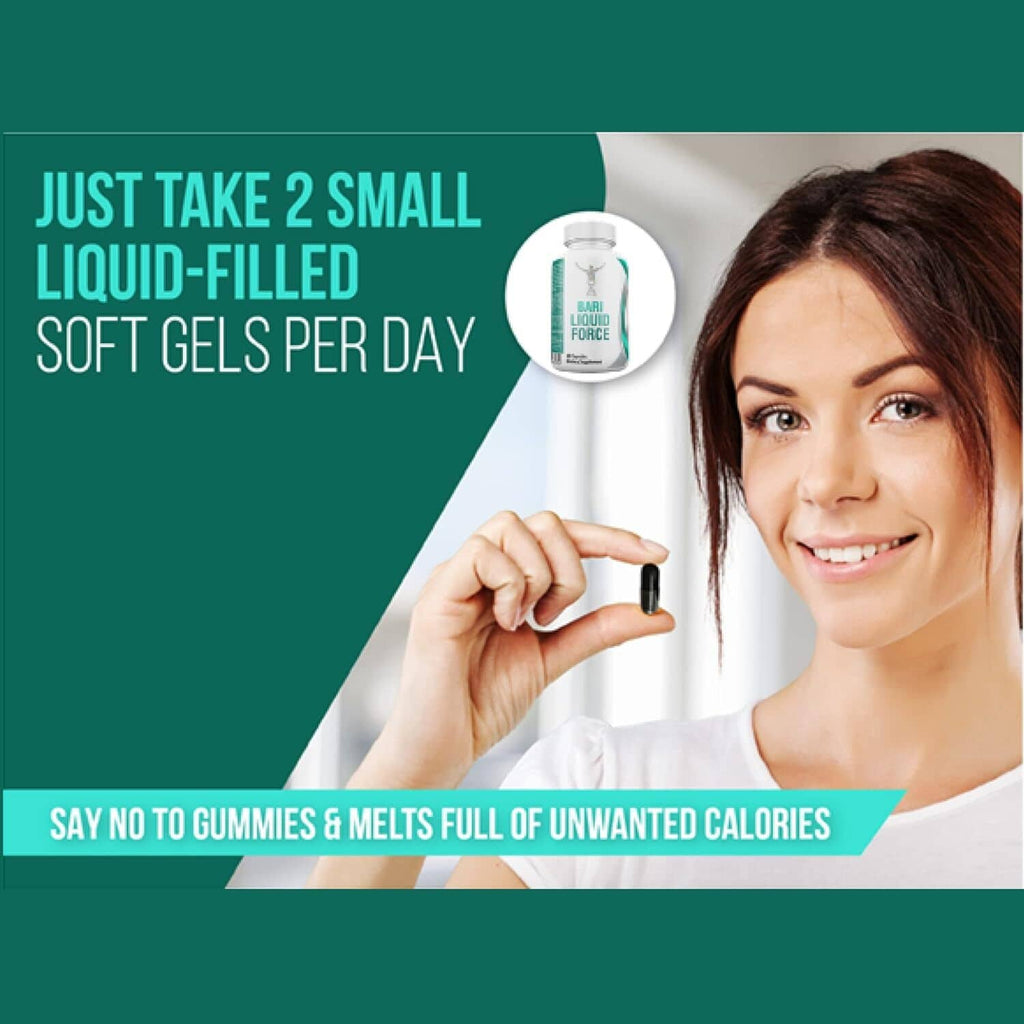 Women holding Bari Liquid Force multivitamin bottle with white cap and green label