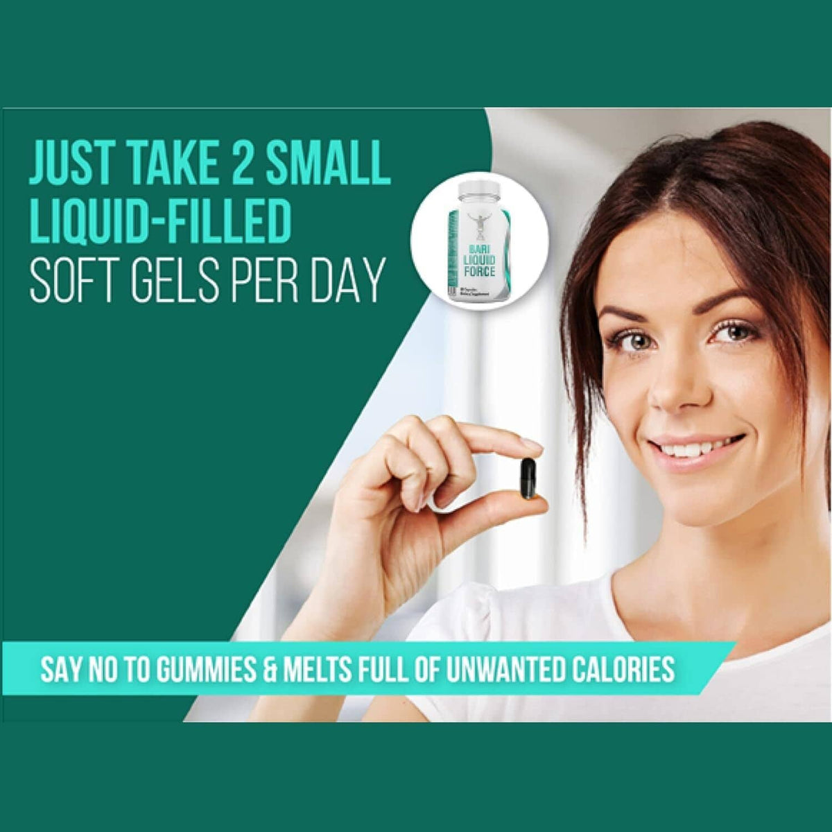 Women holding Bari Liquid Force multivitamin bottle with white cap and green label