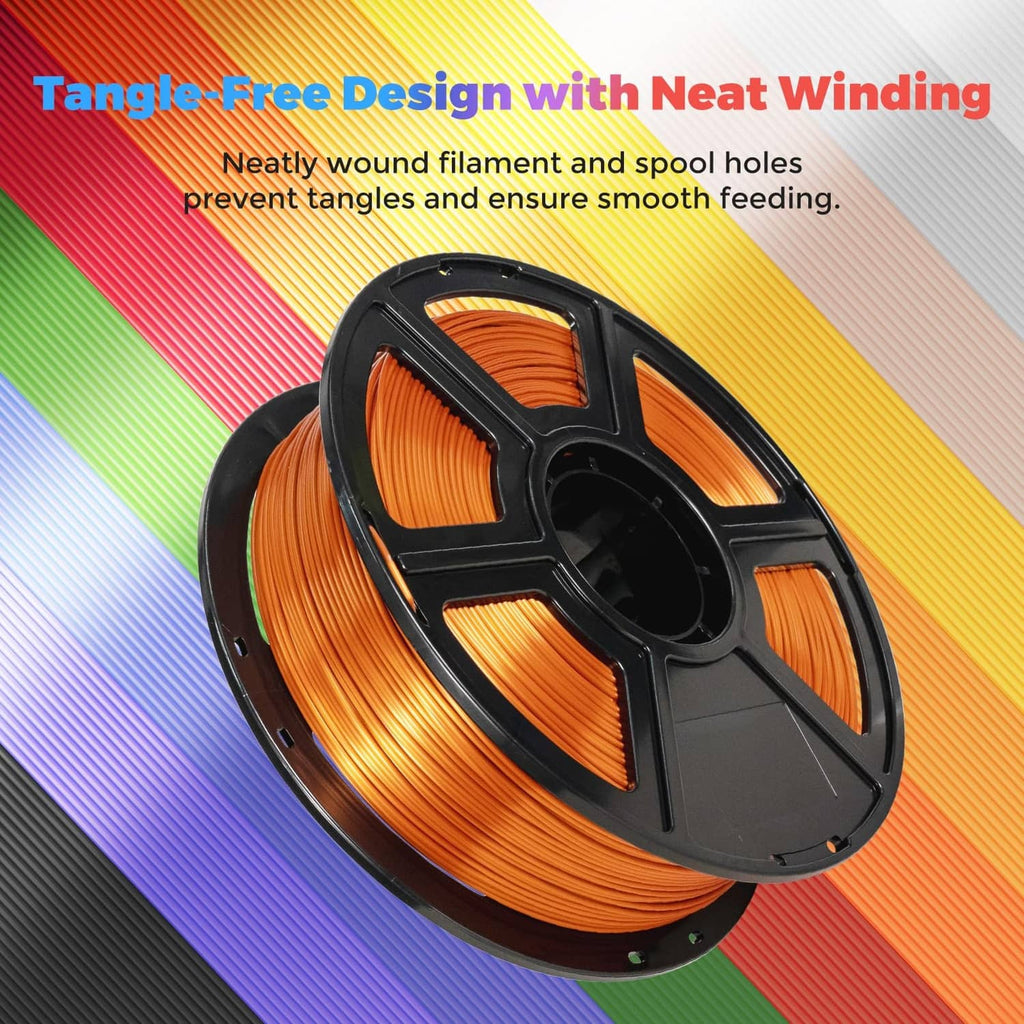 Copper silk PLA filament spool with neat, tangle-free winding and orange filament