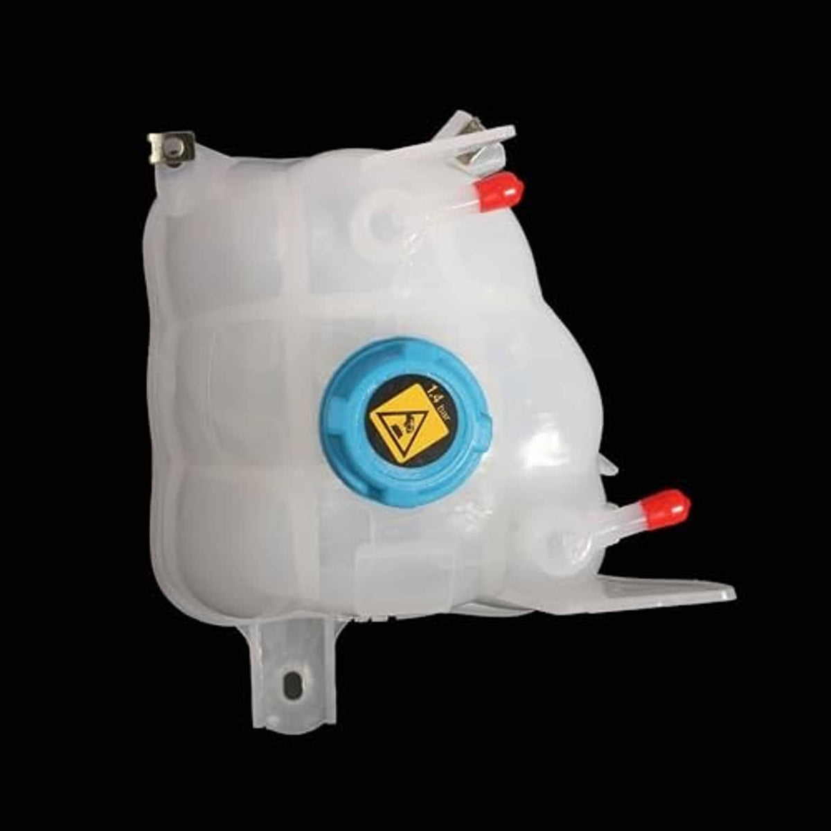 Engine coolant reservoir, white housing with blue cap and red hose fittings