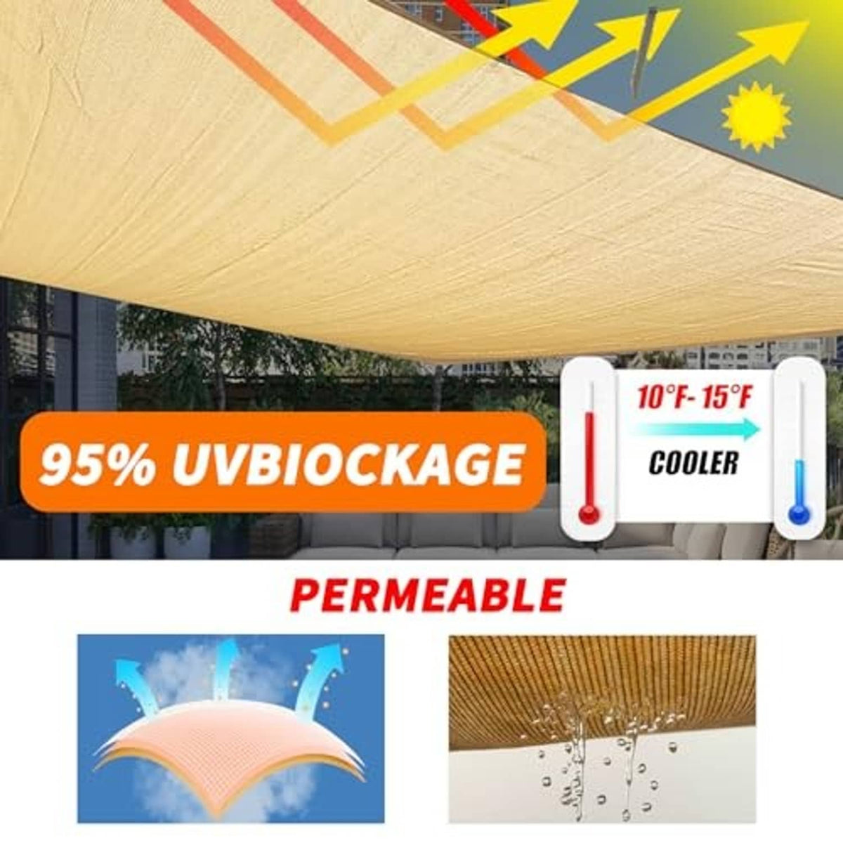 Light tan permeable sun shade sail canopy with cooling and UV icons