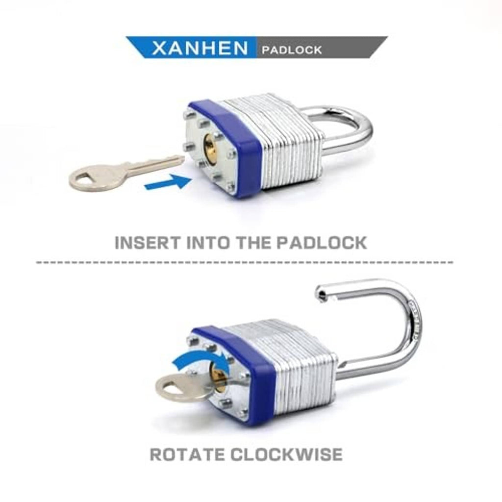 Keyed padlock with standard shackle, blue base, key inserted for turning