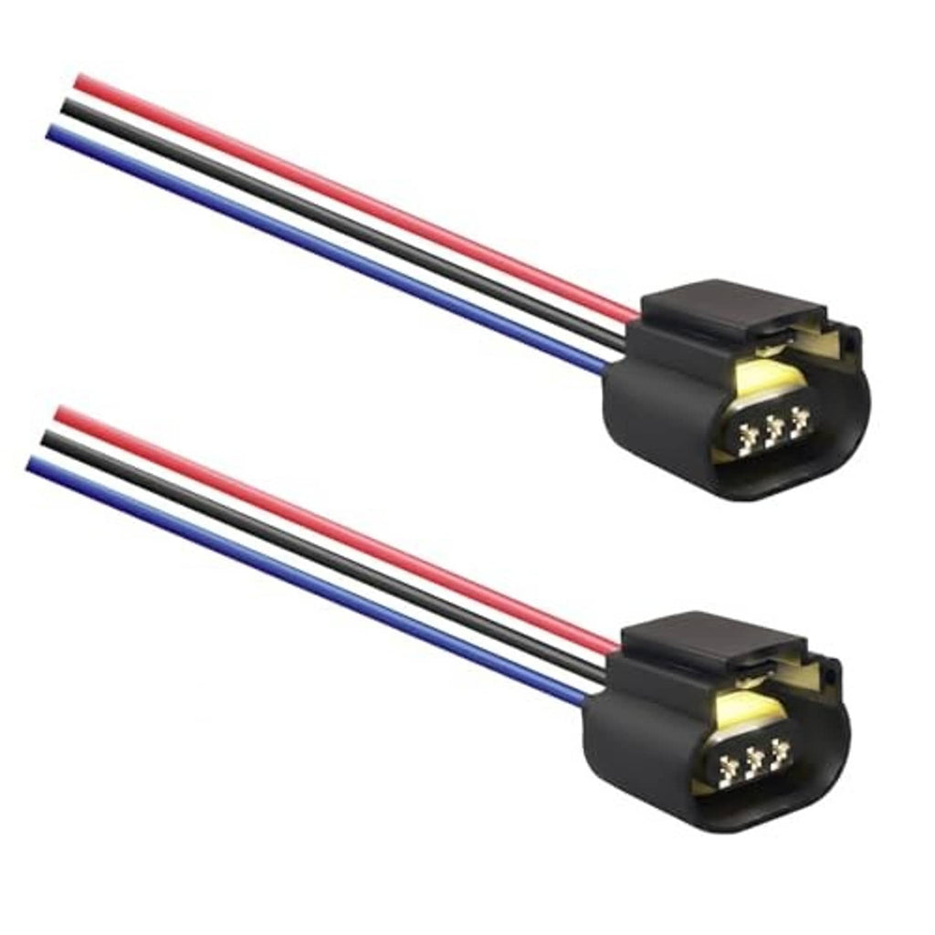 Two headlight connector pigtails with black housings, red and blue wire strands