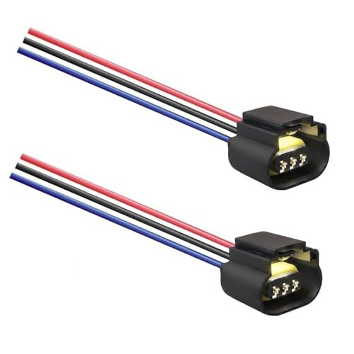 Two headlight connector pigtails with black housings, red and blue wire strands