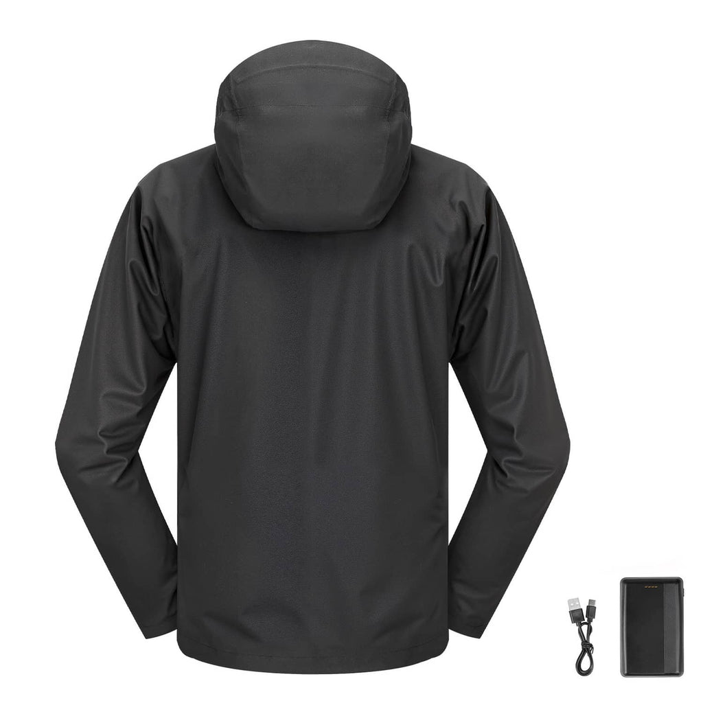 Black hooded heated women's jacket, back view with full-length zipper and long sleeves.