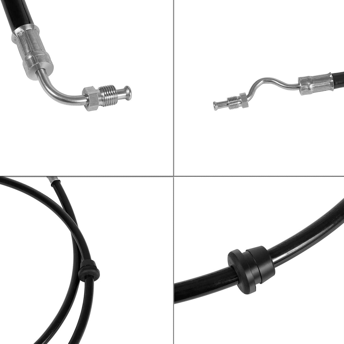Close-up of black power trim hose with metal fittings and inline connector clamp