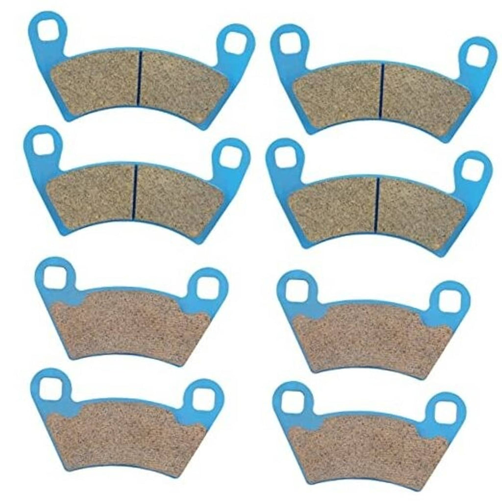 Ceramic brake pads set with blue backing and brown textured friction material