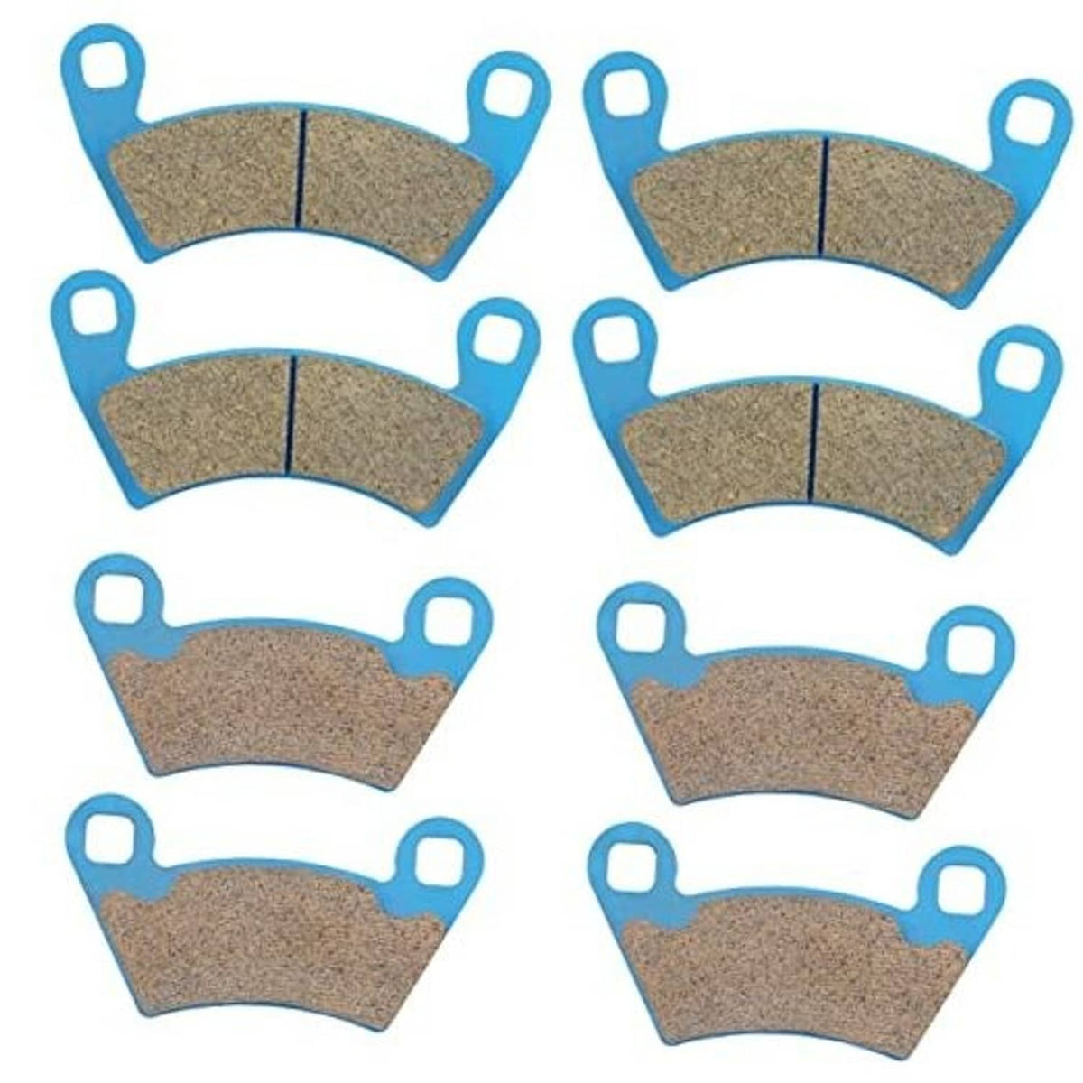 Ceramic brake pads set with blue backing and brown textured friction material