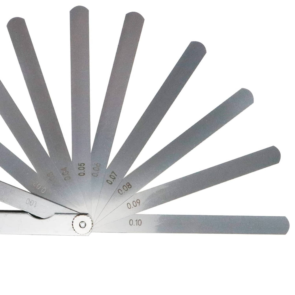 Feeler gauge blade fan with 0.02–0.10 mm markings and central pivot ring