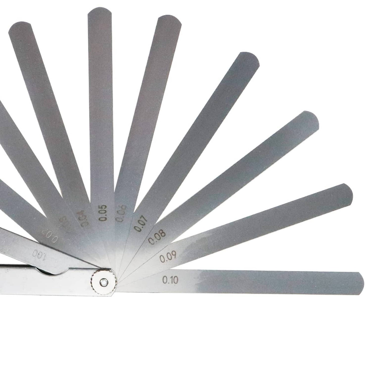 Feeler gauge blade fan with 0.02–0.10 mm markings and central pivot ring