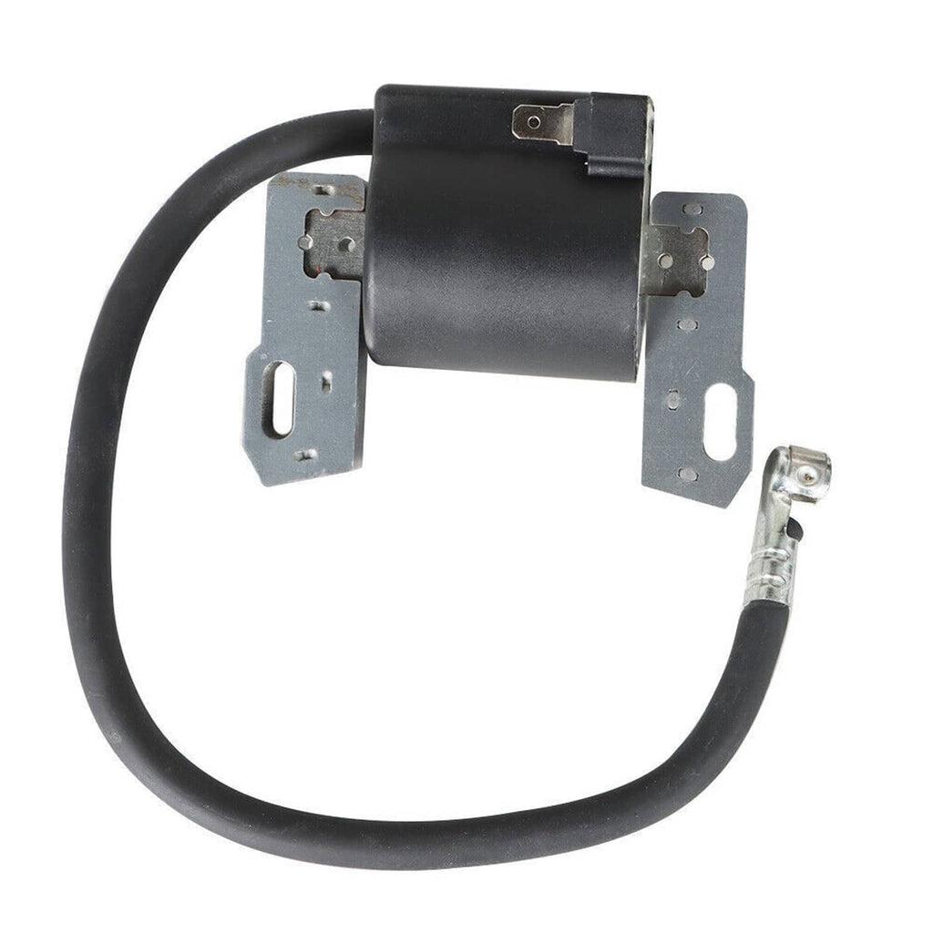 Ignition coil module with black coil housing, metal brackets, and lead wire