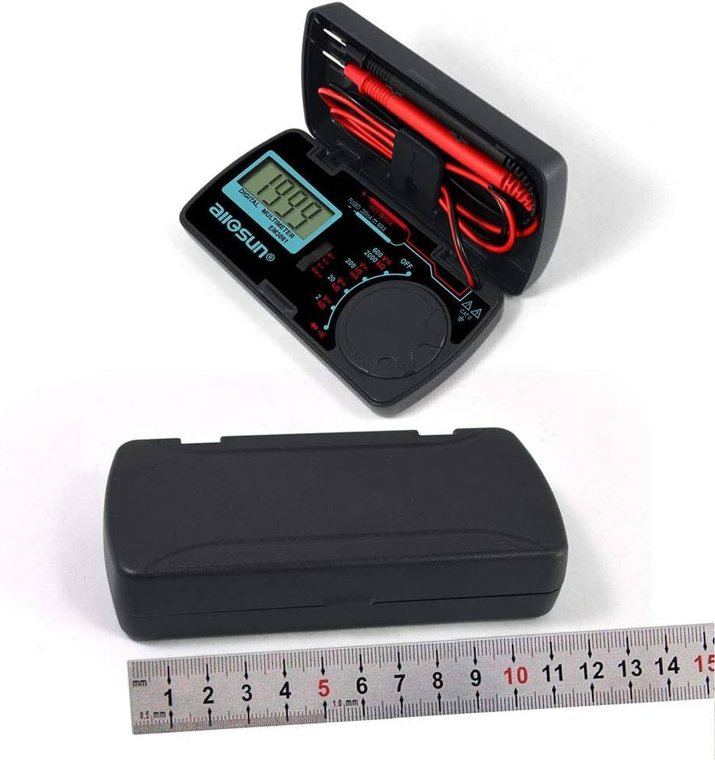 Handheld digital multimeter with red/black leads in black case; compact design
