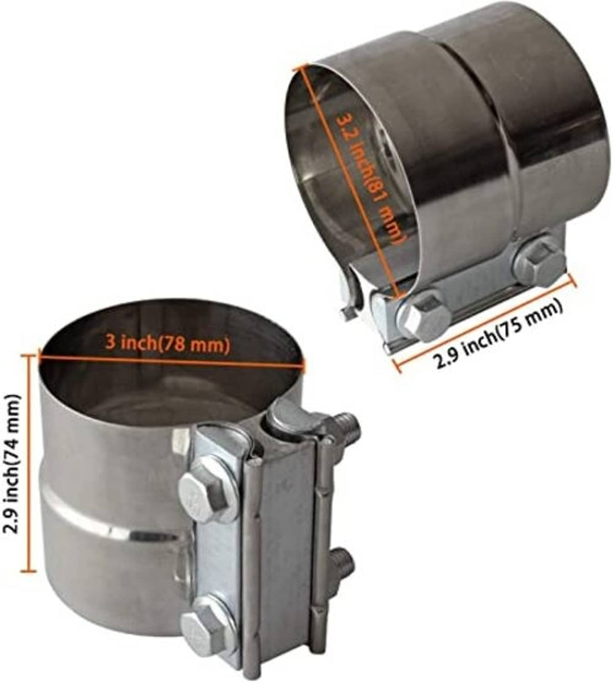 3-inch lap-joint stainless exhaust band clamp, marked 78 mm and 75 mm dimensions