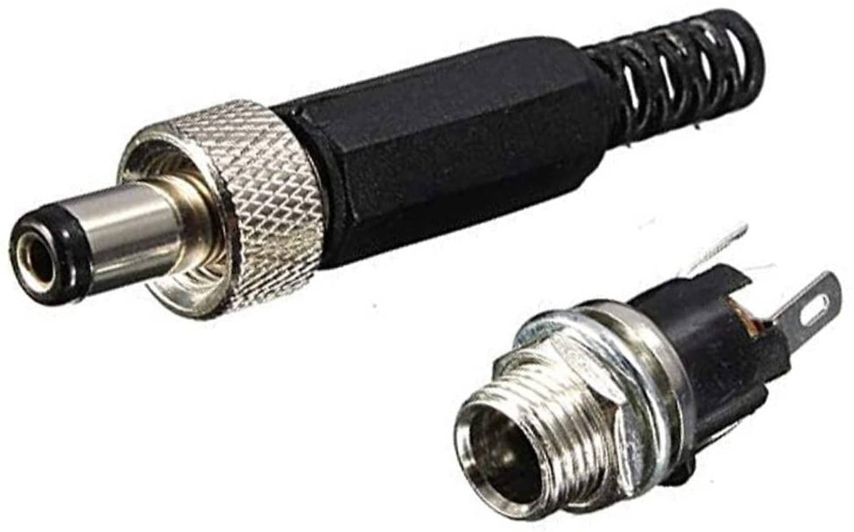 DC male power plug with knurled metal tip and two 3-pin solder jacks, black