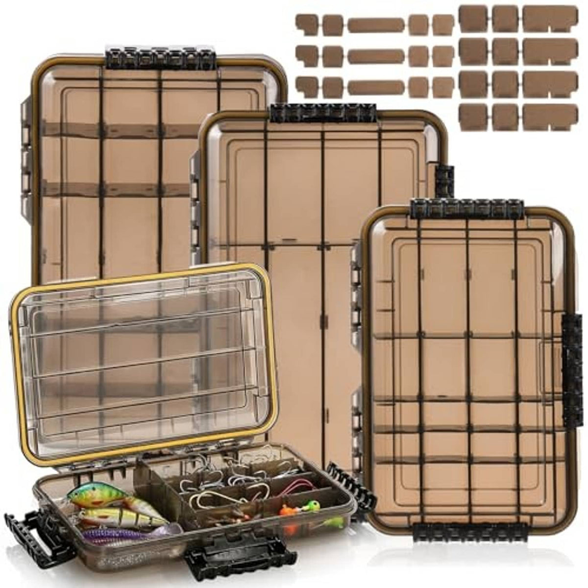 3-pack waterproof fishing tackle boxes with clear lids, open compartments for lures