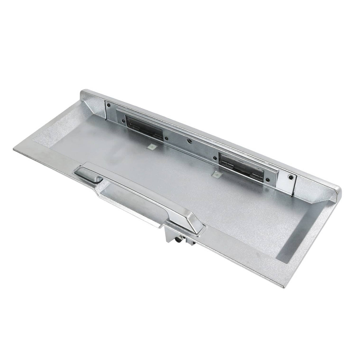 Silver rear tailgate license plate pocket with centered latch and mounting holes