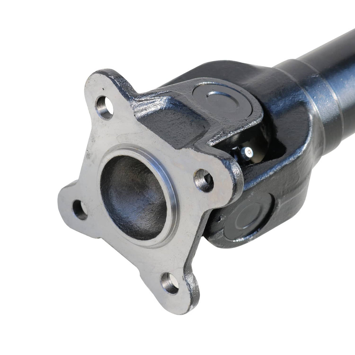 Rear driveshaft yoke with round mounting flange and blue metal housing detail
