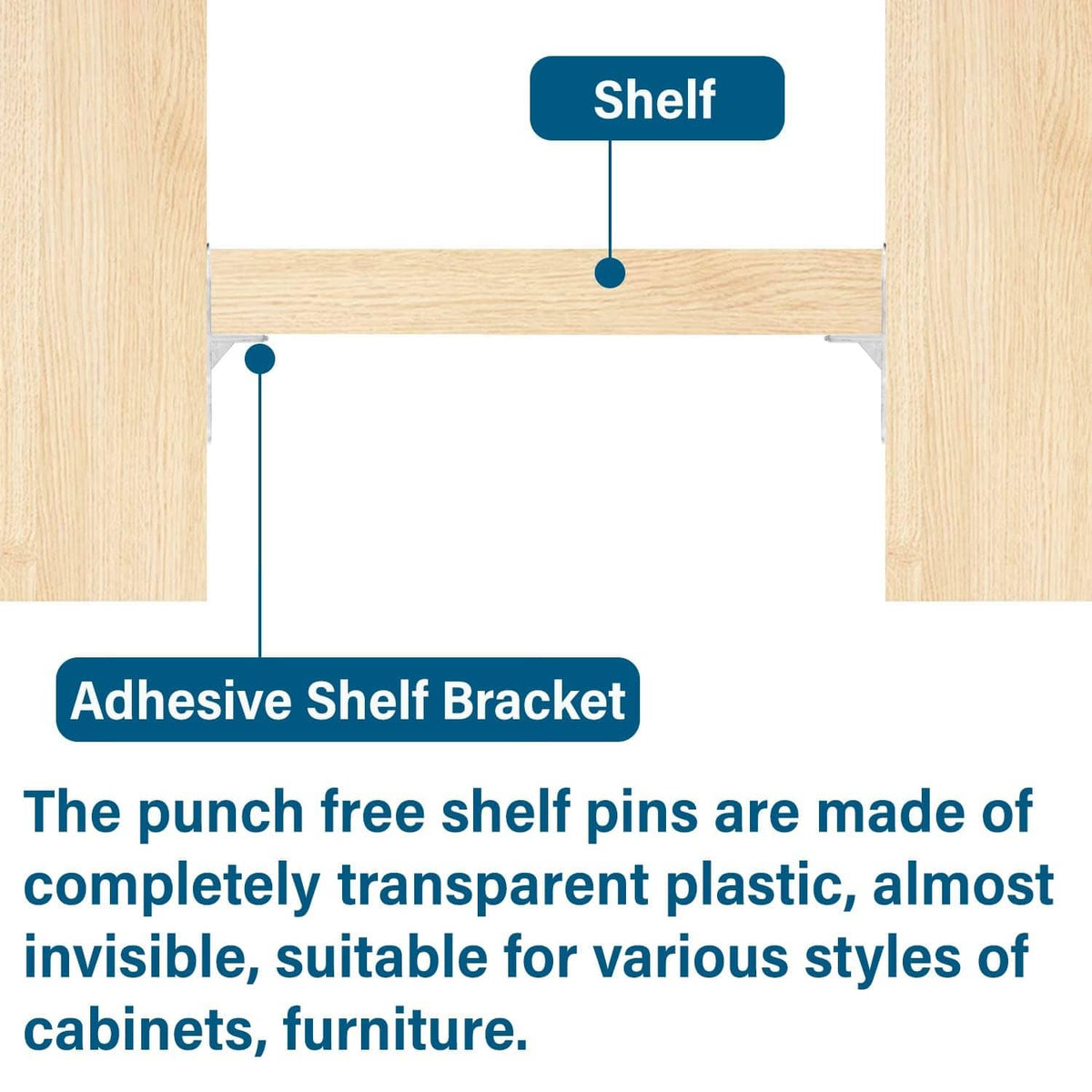 Clear adhesive shelf support bracket peg for wall-mounted shelves