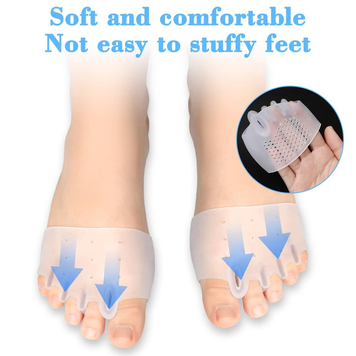 Soft silicone toe straightener with four loop divider tips, worn on foot