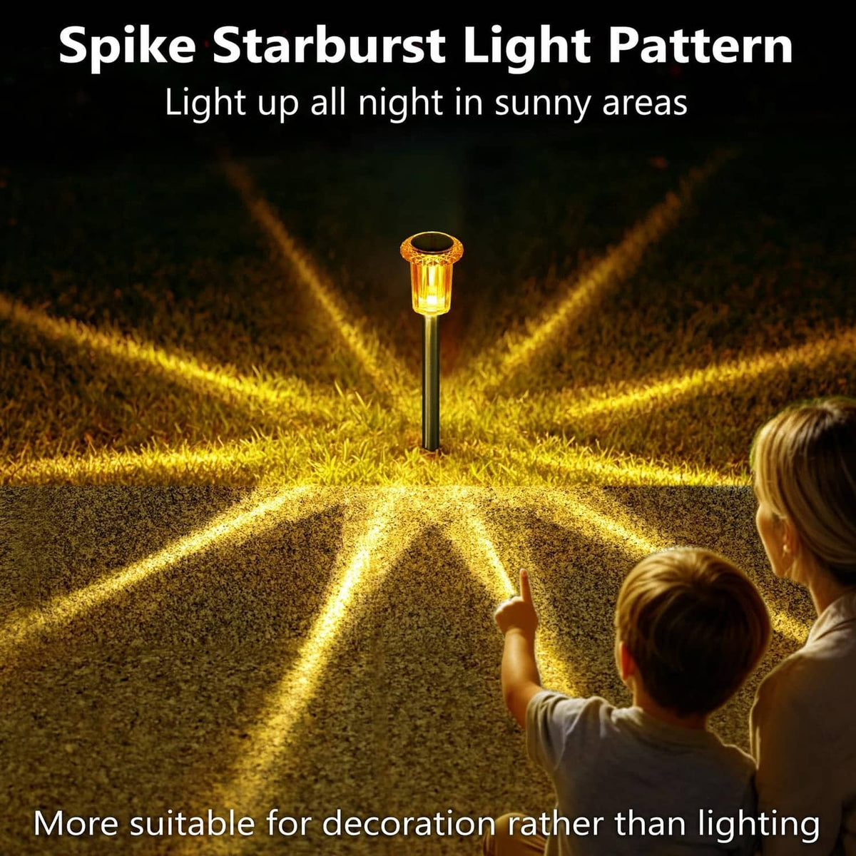 Single amber solar spike light with clear lantern head, projecting starburst rays