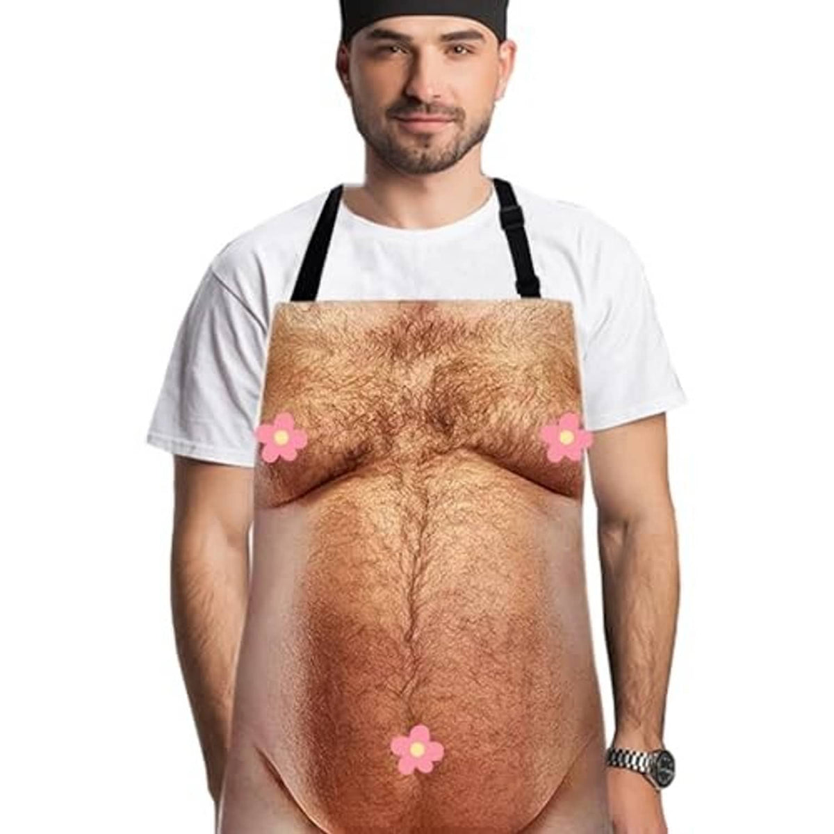 Brown novelty belly apron with black neck straps and three pink flower decorations