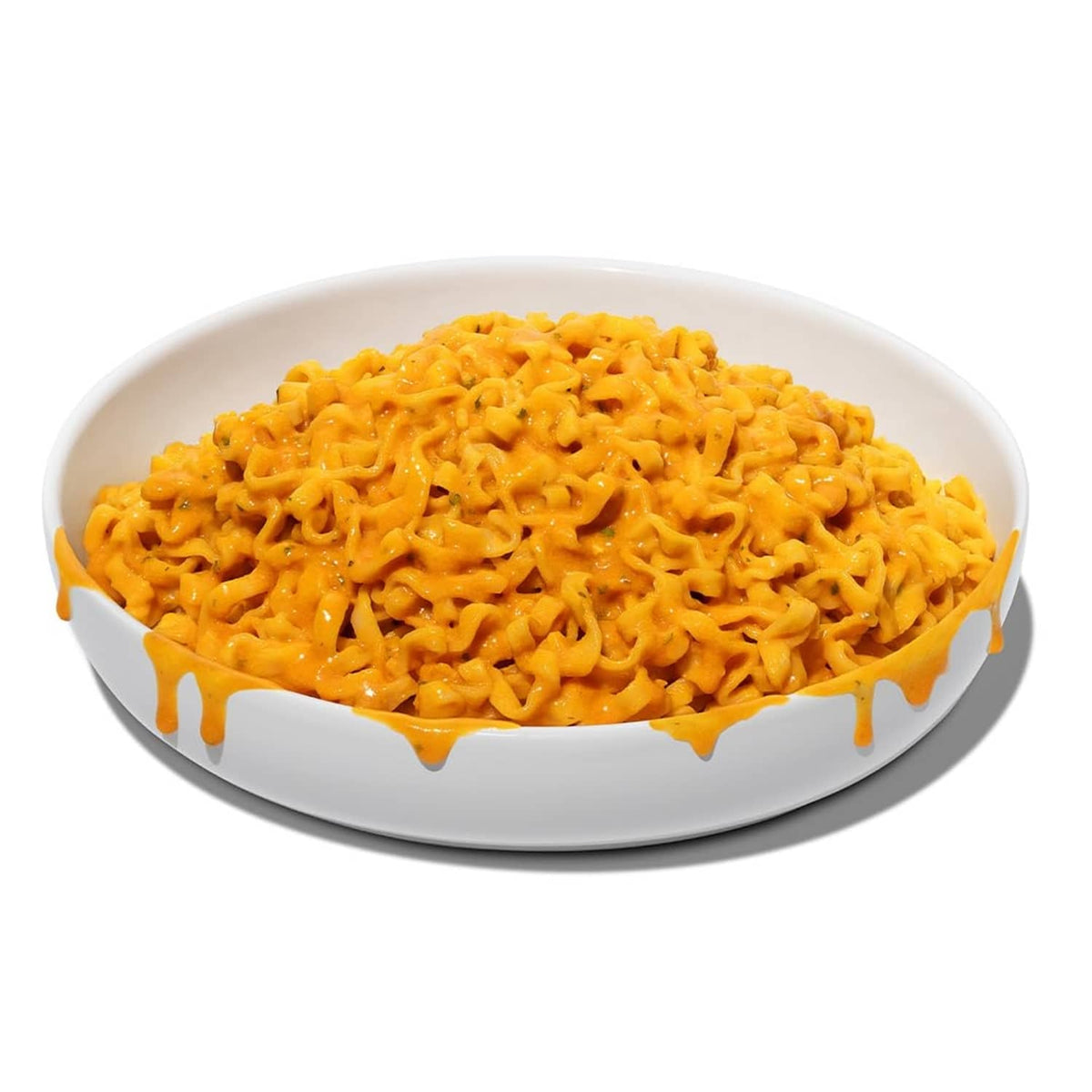 Saucy Noods sweet cheese flavor ramen noodles in white bowl