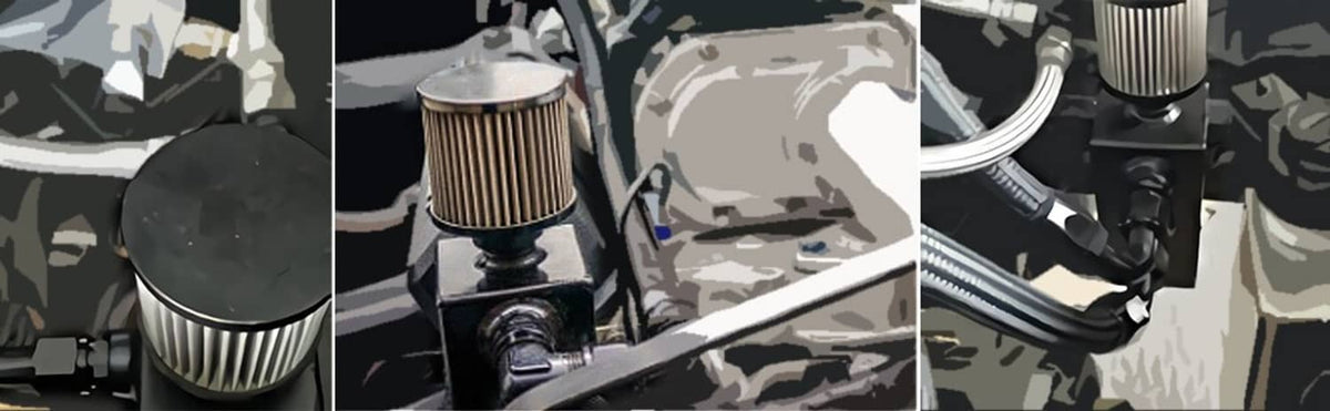 Oil catch can kit installed on engine with filter can and braided line connections