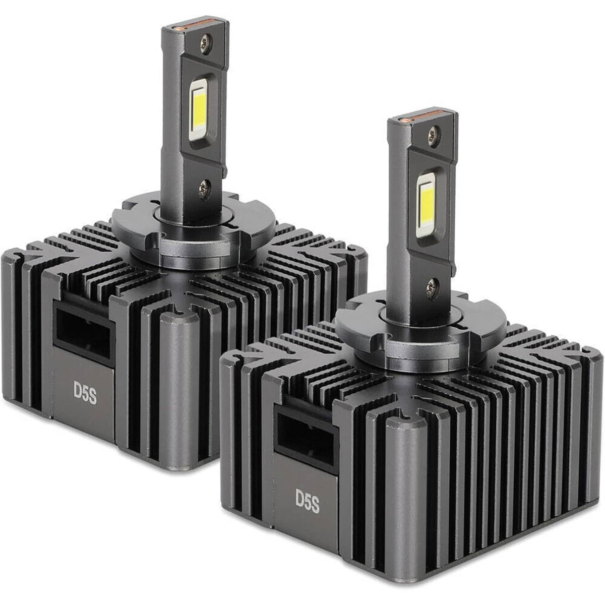 Pair of D5S LED headlight bulbs with finned aluminum heat sinks
