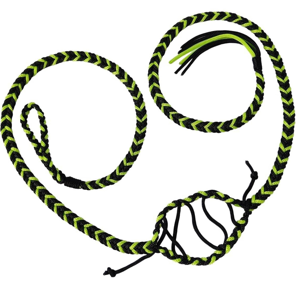 Braided sling pouch with green-and-black rope loops and drawstring closure