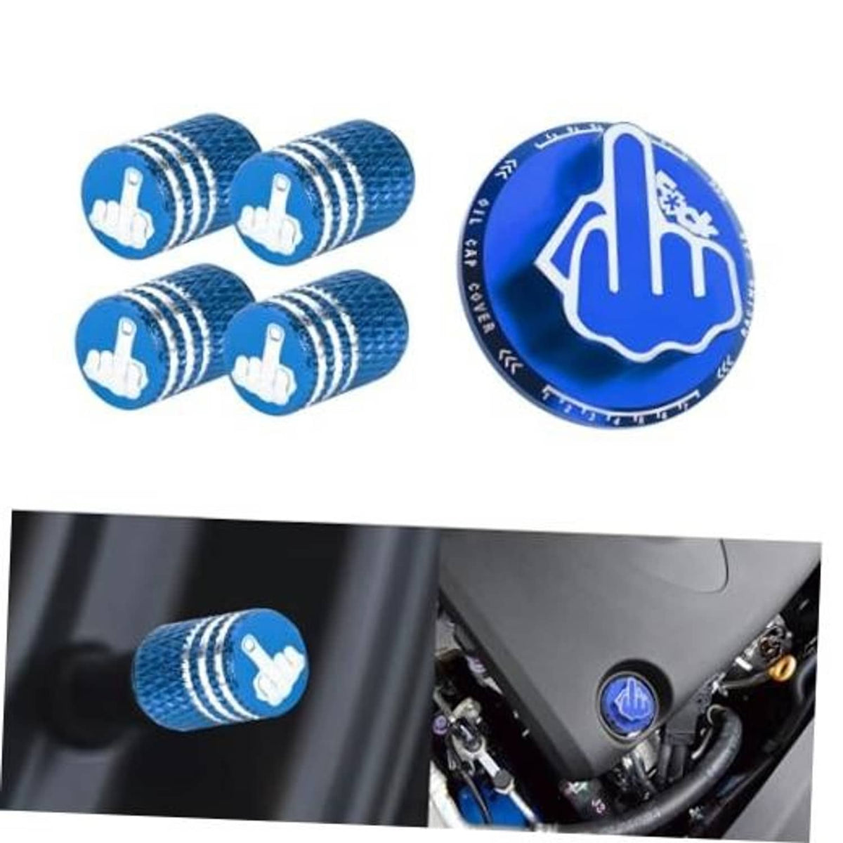 Blue tire valve cap set of four with white hand emblem, plus round cap top