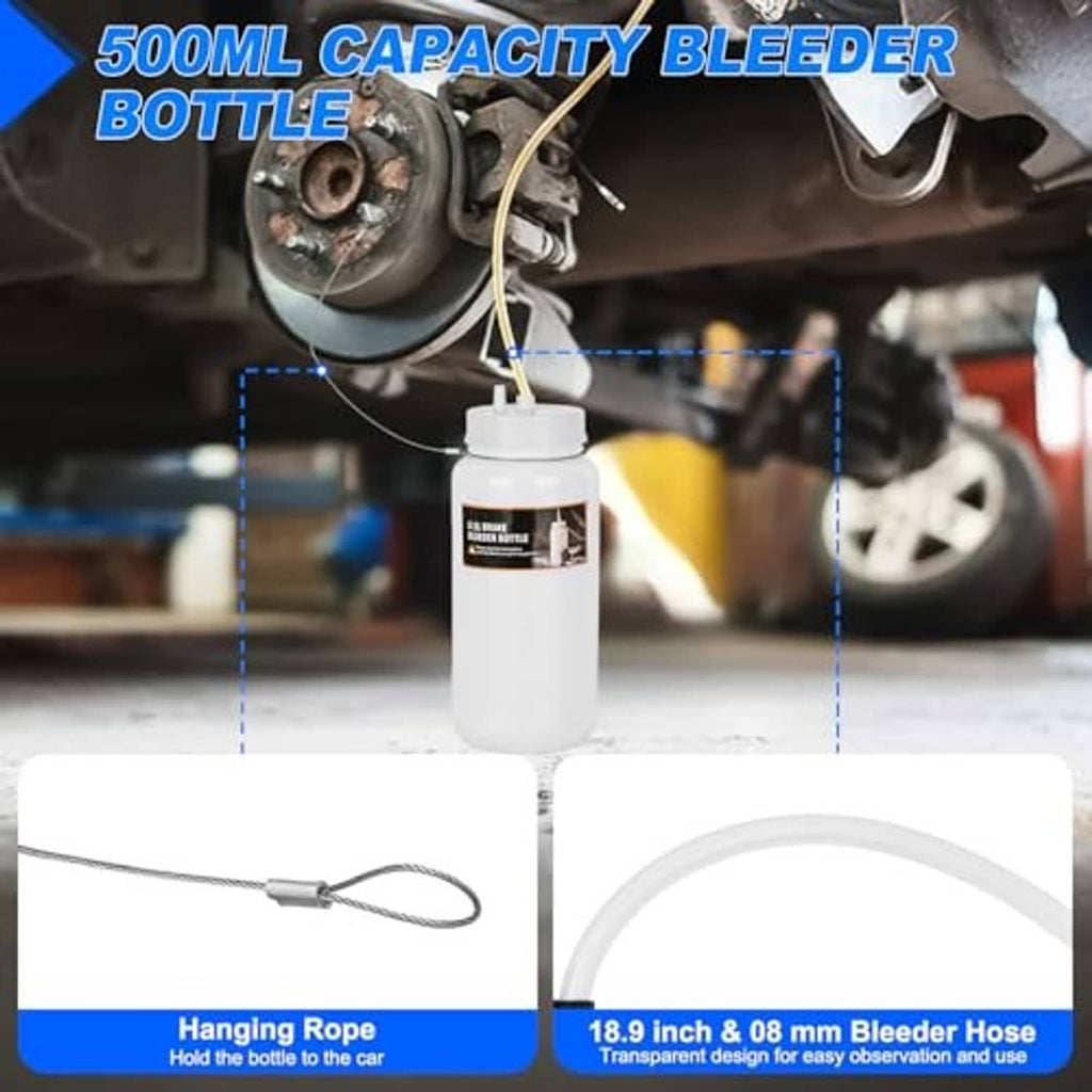 Brake bleeder bottle with hanging rope and clear bleeder hose with clamp