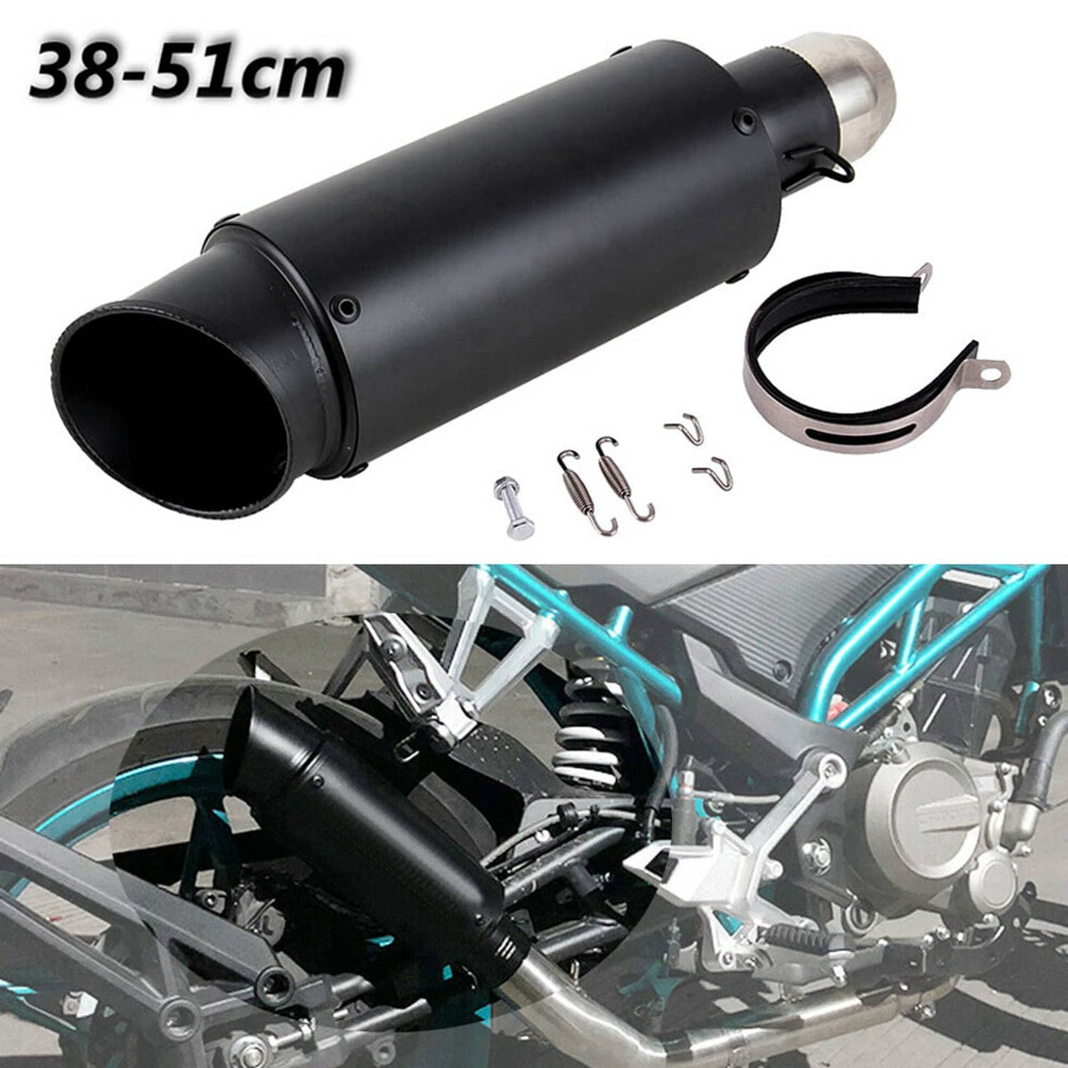 Black universal exhaust muffler tail pipe with mounting springs, clamps, and screws.