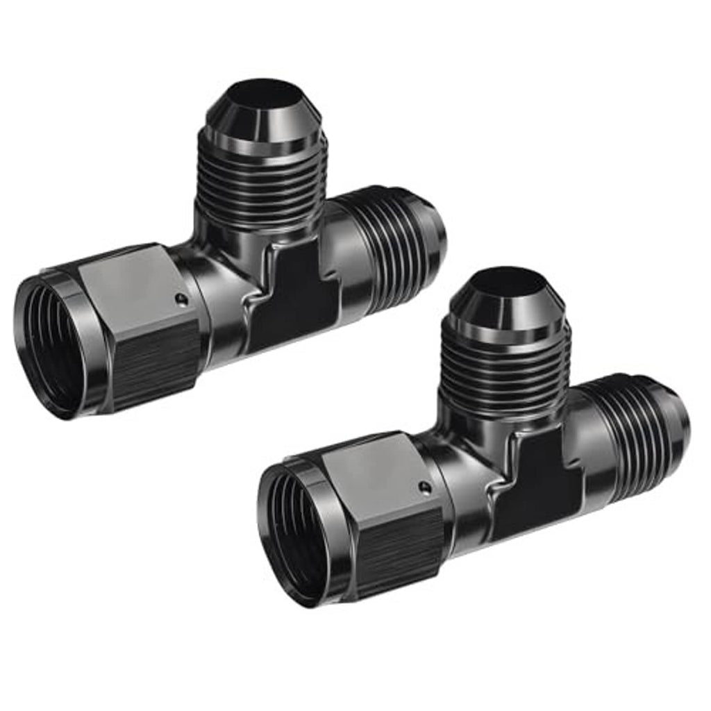 Two-piece black aluminum AN tee fitting, angled view of swivel top and side threads