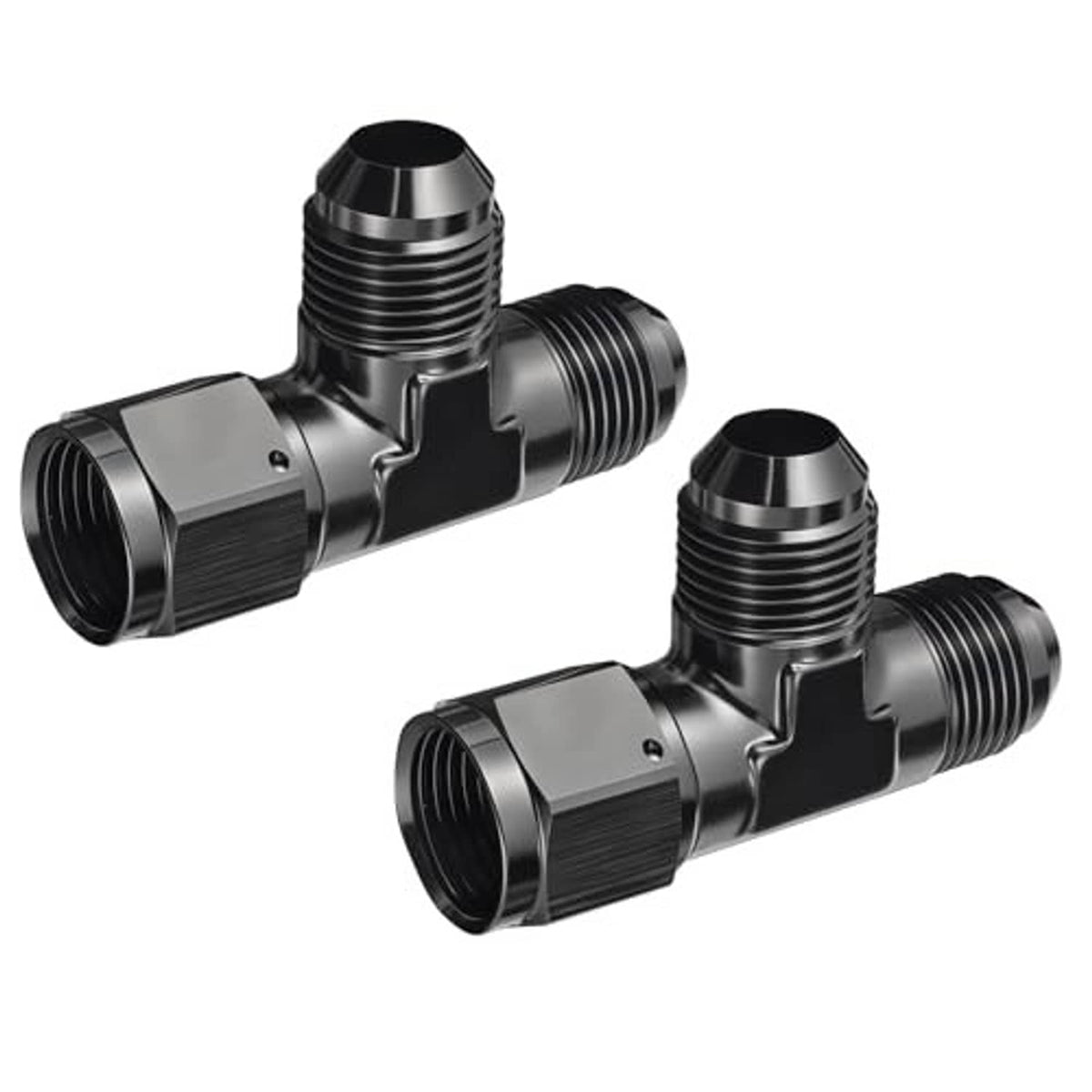 Two-piece black aluminum AN tee fitting, angled view of swivel top and side threads