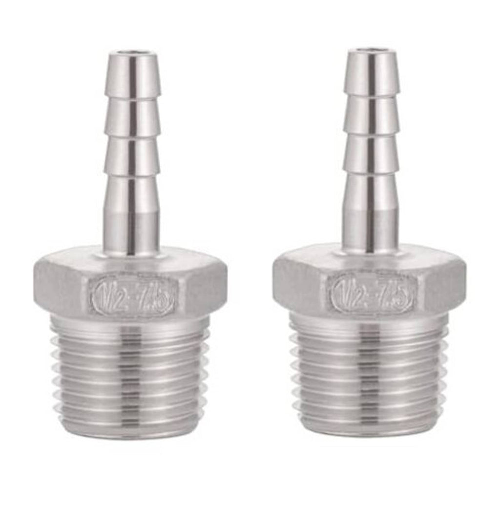 Stainless steel hose barb fitting with barbed nozzle and ridged NPT thread, hex head