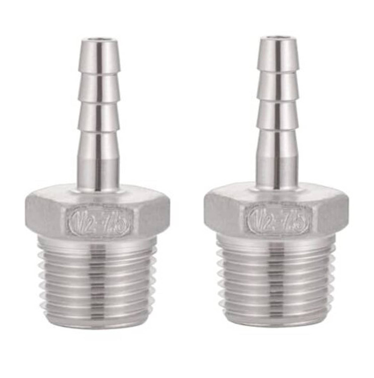 Stainless steel hose barb fitting with barbed nozzle and ridged NPT thread, hex head