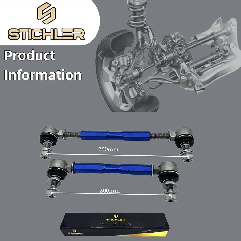 Blue sway bar end link set with length labels and black/gray mounting ends
