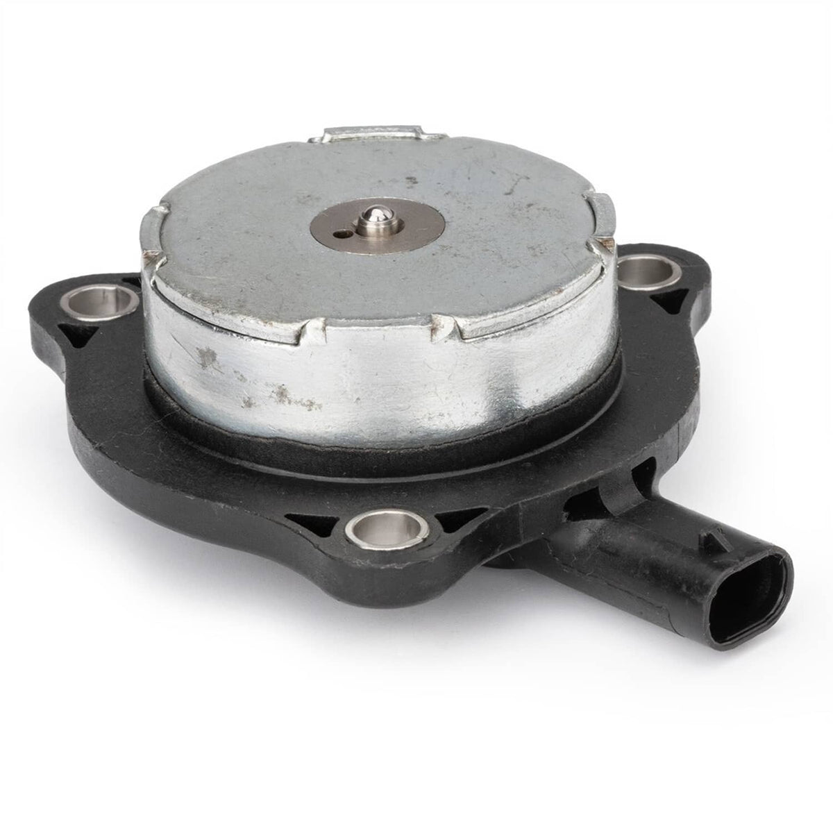 Camshaft phaser actuator position sensor with round silver cap, black base, and side outlet