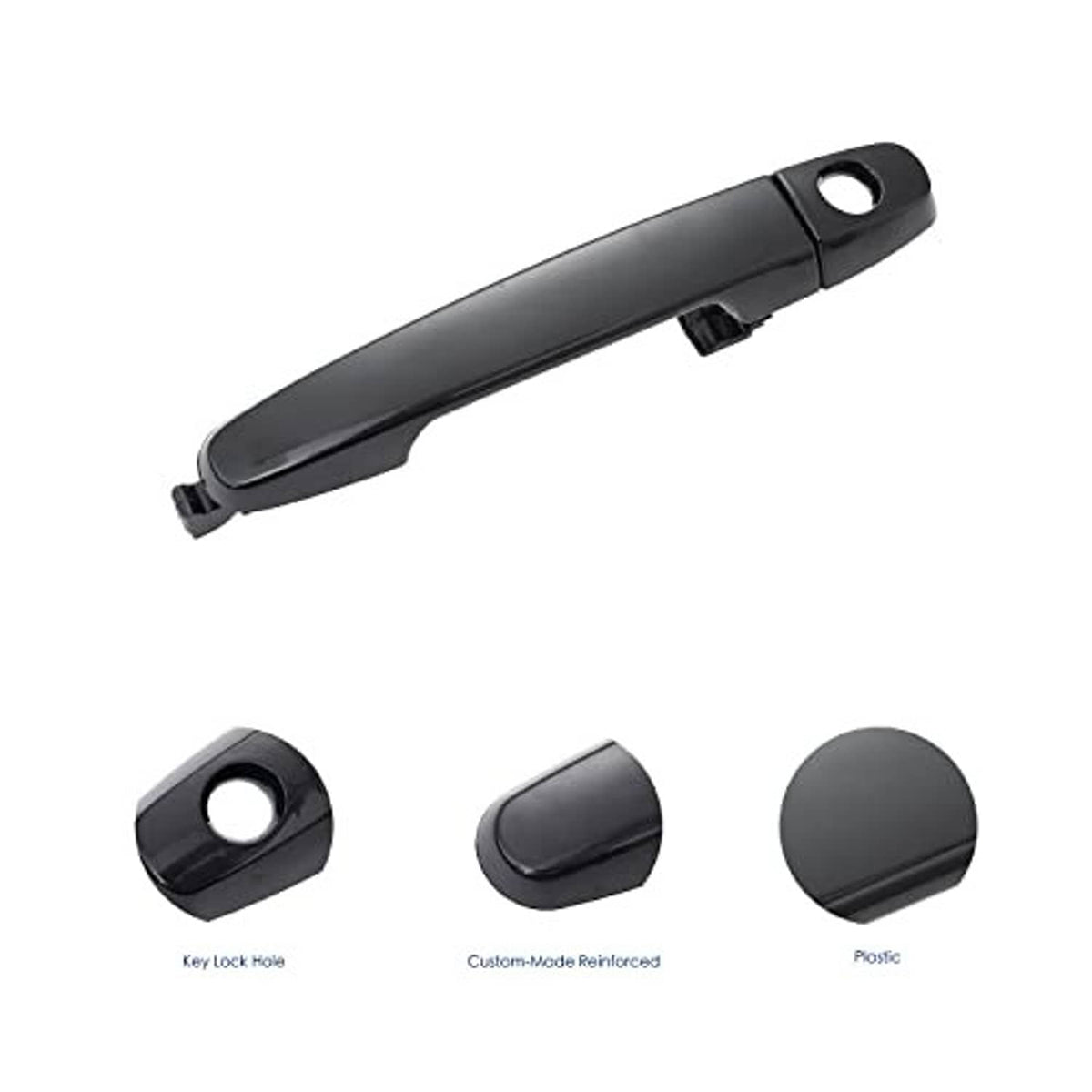 Single exterior door handle with round keyhole opening and black mounting tab