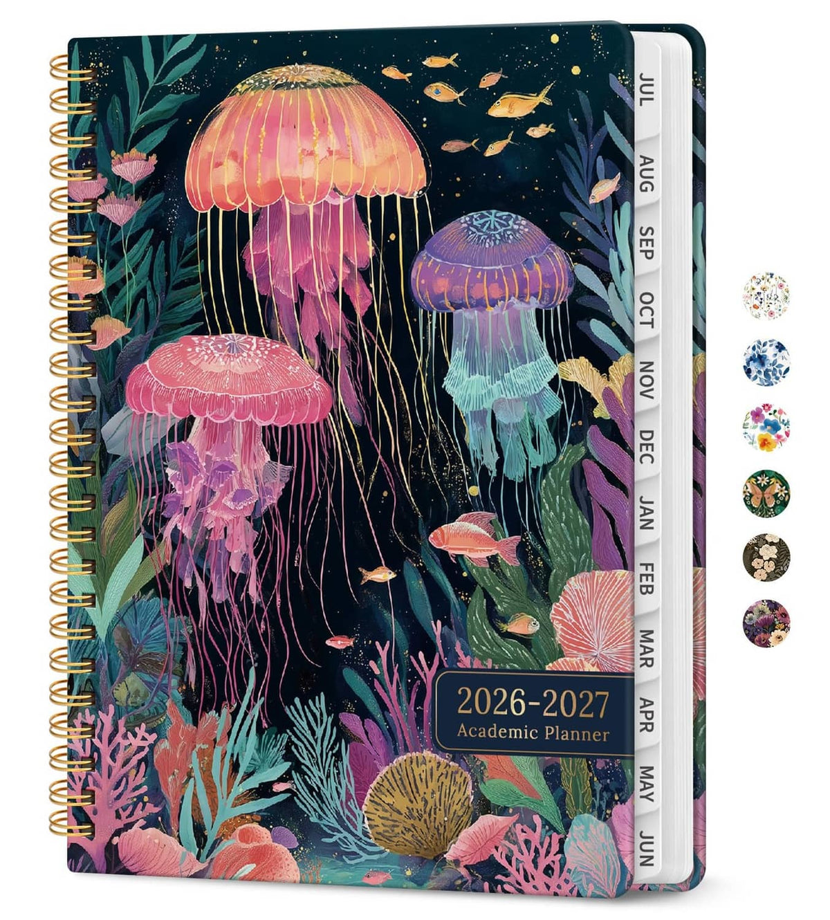 Academic planner cover with colorful jellyfish artwork and spiral binding