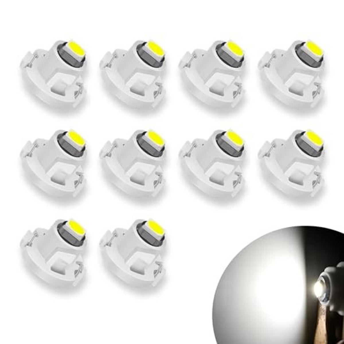 Set of white LED wedge bulbs with yellow LED lens for compact automotive lighting
