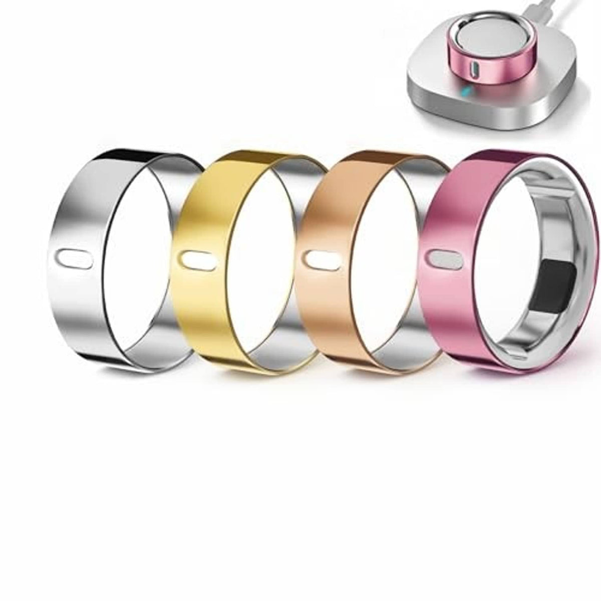 Four ring cover bands in silver, gold, rose gold, and pink with rounded inner opening