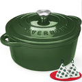 Glossy green enameled Dutch oven with lid knob and side handles