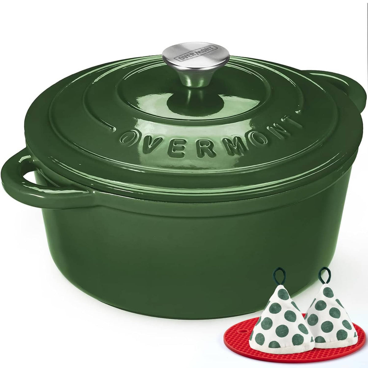 Glossy green enameled Dutch oven with lid knob and side handles