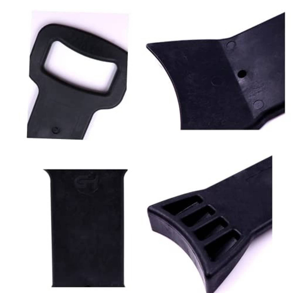 Black tire bead clamp with textured surface, cutouts, and corner details