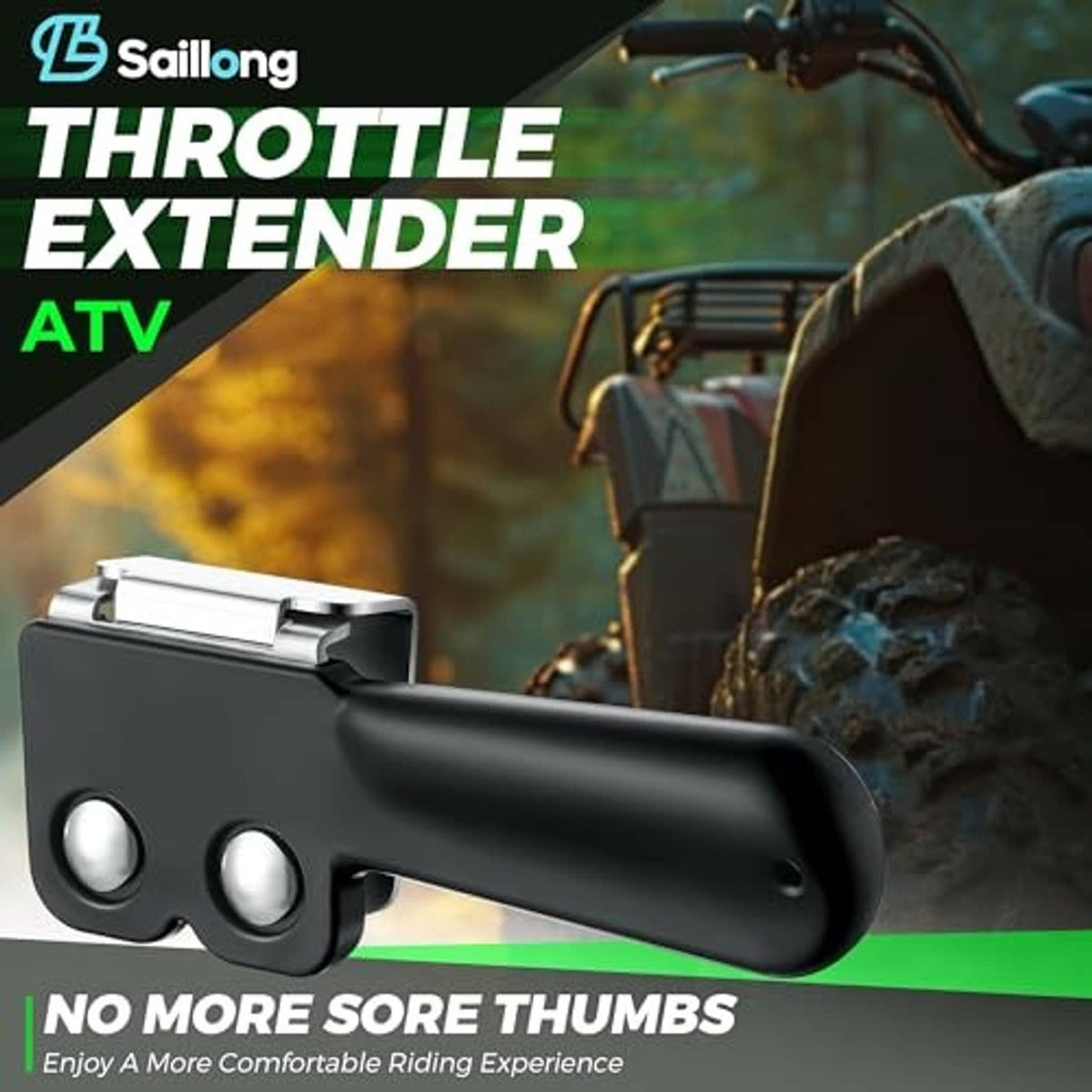 Black ATV thumb throttle extender with silver clamp mounted on handlebar.