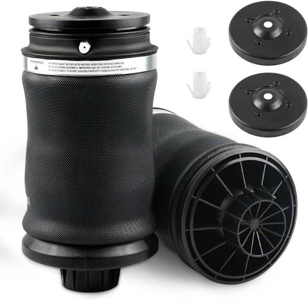 Rear air suspension spring bag set with valve caps and mounting plates, black rubber.