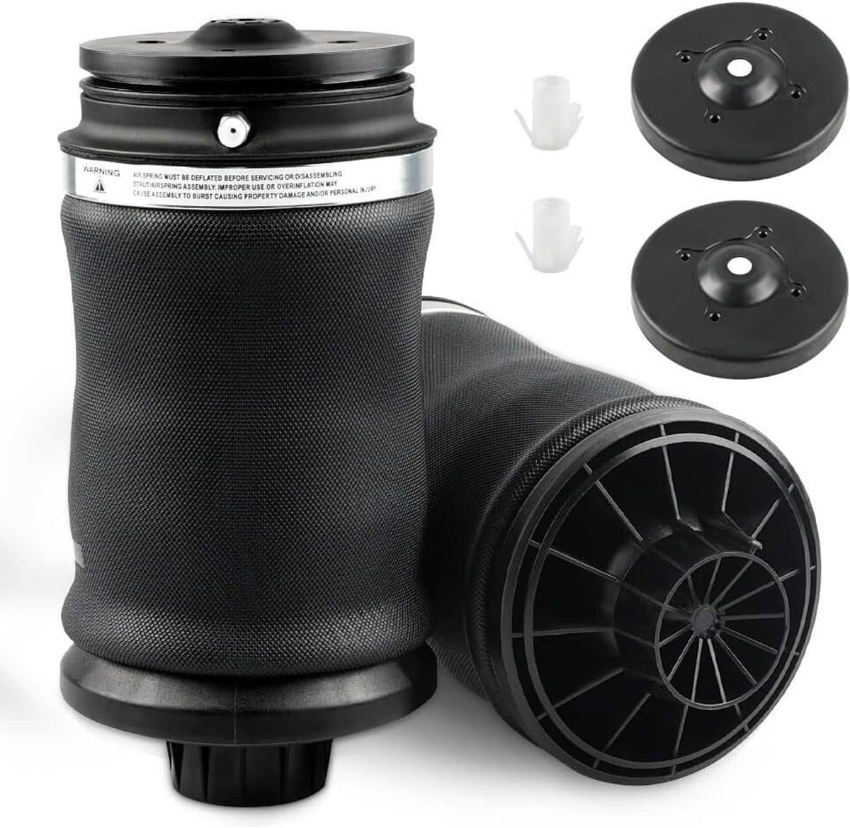 Rear air suspension spring bag set with valve caps and mounting plates, black rubber.