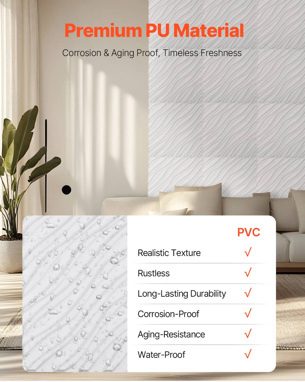 Matte white PVC wave wall panel with embossed wavy grain texture on a sample board.